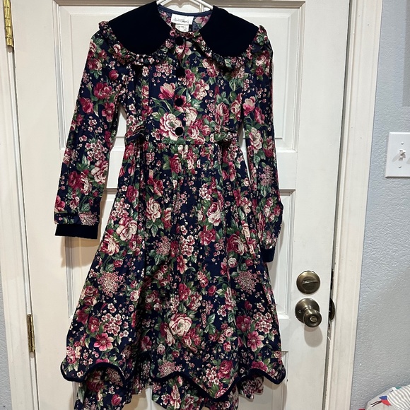 Vtg Bonnie Jean Girls Floral Prairie Dress Puff Sleeve Velvet Cottagecore Sz 14